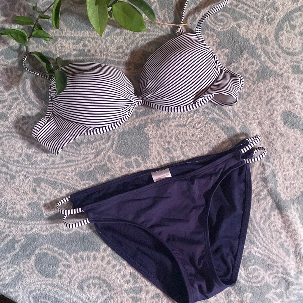 Beautiful Medium Navy Blue and White Xhilaration Two Piece Bikini Set